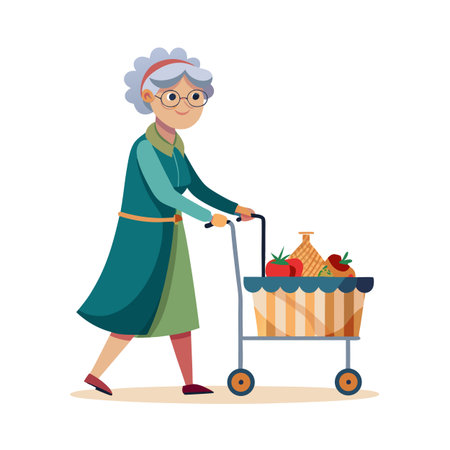 Elderly woman walks pushing cart with groceries in a vector illustration stock imageのイラスト素材