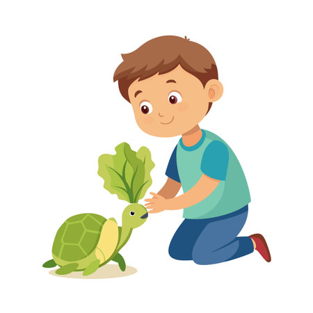 A boy and his pet turtle eat lettuce together in a cartoon illustrationのイラスト素材