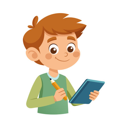 Young boy with red hair holding a pencil and tablet for writing storiesのイラスト素材