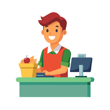 Smiling cartoon cashier working at a checkout station with fruit and monitorのイラスト素材