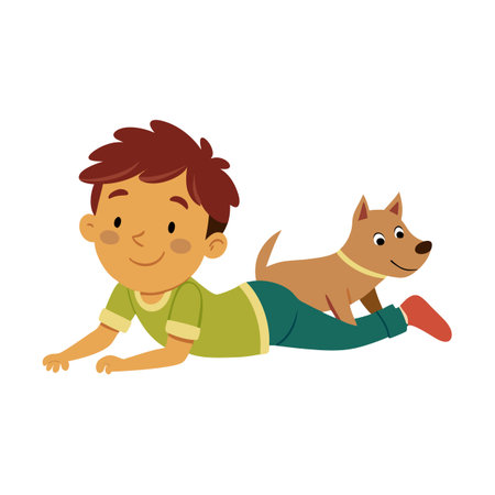 Happy Child Playing with Dog: Boy Lying Down with Pet Dogのイラスト素材