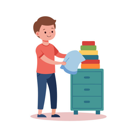 Boy folding laundry and placing clothes in a dresser, chores at home conceptのイラスト素材
