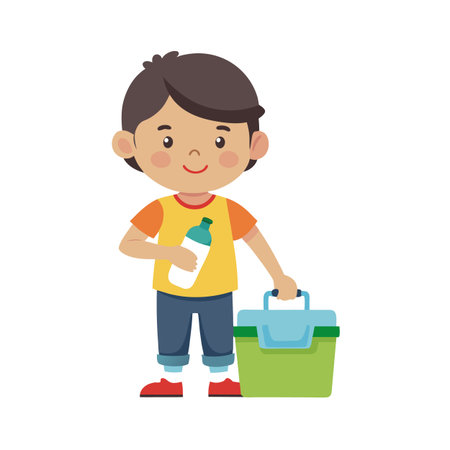 Cheerful young boy with lunchbox and water bottle for school in vector illustrationのイラスト素材