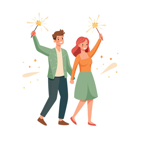 Happy couple walking together celebrating with sparklers during holiday celebration in flat vector illustration styleのイラスト素材