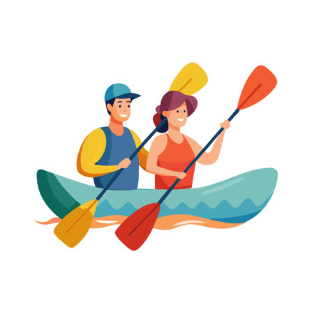 A couple paddling together in a blue kayak on a sunny day illustrationのイラスト素材
