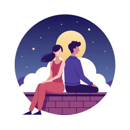 Couple sitting back to back on a rooftop under a moonlit night skyのイラスト素材