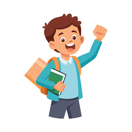 Excited young student raising fist in the air with backpack and book illustrationのイラスト素材