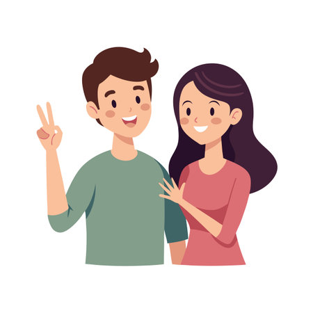 Happy young couple posing for a picture with a peace sign and cheerful smilesのイラスト素材