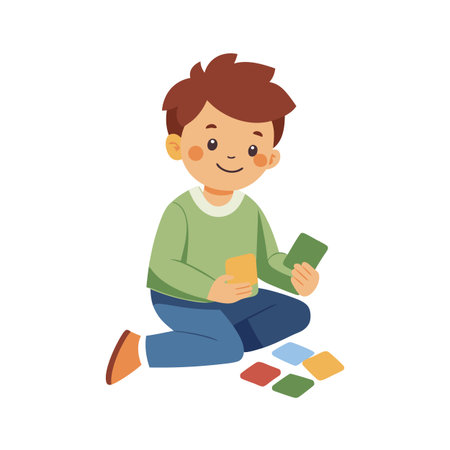 Illustration of a smiling boy playing with colorful cards on a white backgroundのイラスト素材