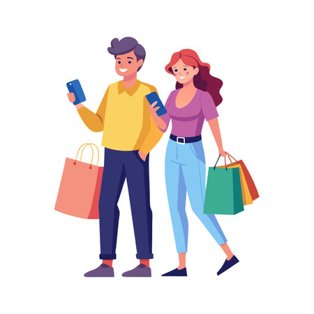 Couple with smartphones and shopping bags walking together in a clean and modern flat designのイラスト素材