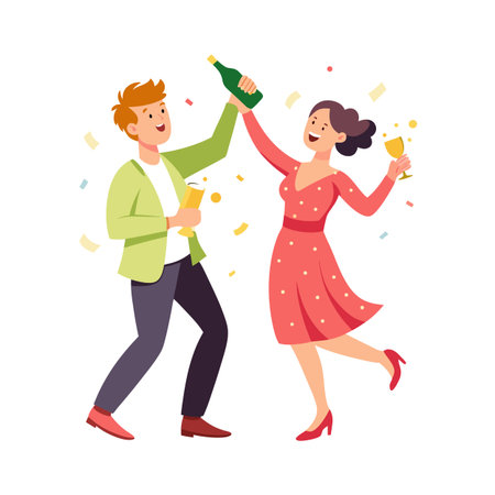 Joyful couple celebrating with champagne, confetti, and smiles in a flat vector illustrationのイラスト素材