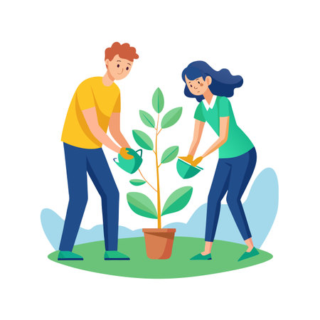 Young couple watering a newly planted tree together, symbolizing environmental sustainability and green initiativesのイラスト素材