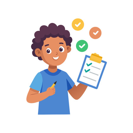 Cartoon boy with clipboard and pencil symbolizing task completion and positive results review processのイラスト素材