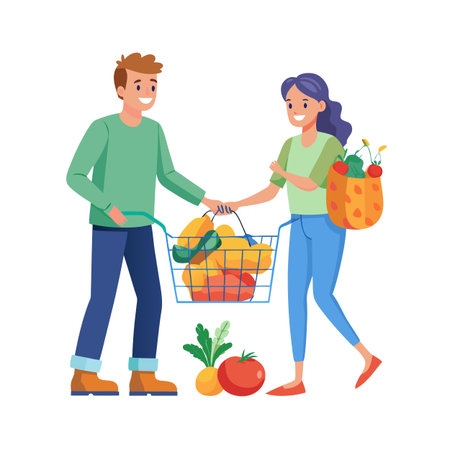 Young couple shopping for fresh produce, pushing a cart and holding shopping bagのイラスト素材