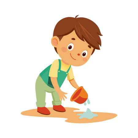 Cartoon boy pouring water from toy bucket onto sand creating a puddleのイラスト素材