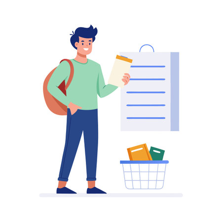 A student reviewing a checklist near a basket of books in a flat vector illustrationのイラスト素材