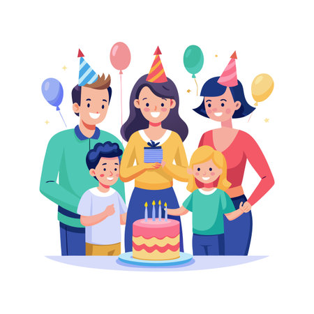 Joyful family celebration with birthday cake and presents in vector flat illustrationのイラスト素材