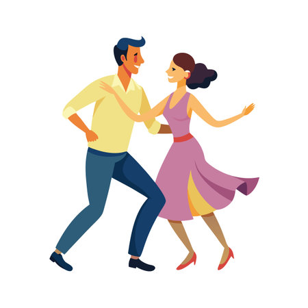 Couple joyfully dancing with vibrant colors and dynamic poses evoking celebration and connectionのイラスト素材