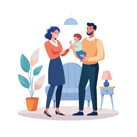 A happy family embracing a young child in their modern living room interiorのイラスト素材