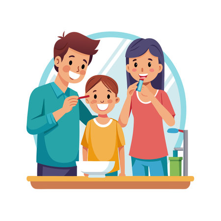 Happy family brushing teeth together in the bathroom, promoting healthy habits and family bondingのイラスト素材