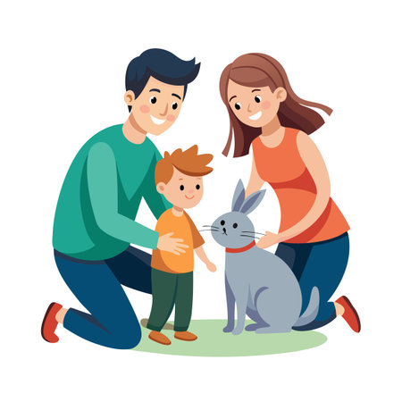 A happy family petting their gray pet rabbit in a colorful vector illustrationのイラスト素材
