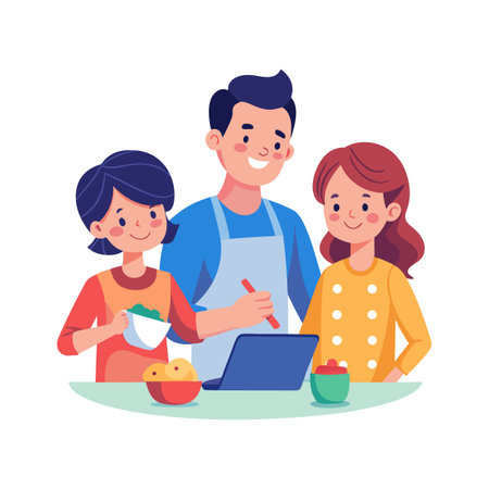 Family cooking together with a digital recipe on a laptop, learning new skillsのイラスト素材