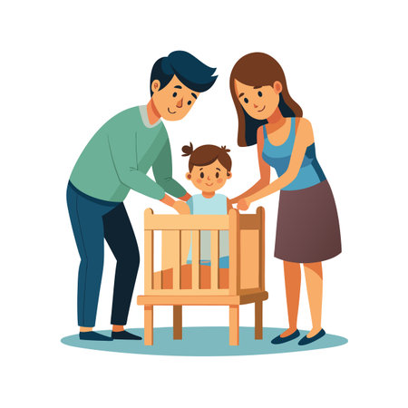 Happy Family: Mother, Father and Child Together Near a Crib Full of Loveのイラスト素材