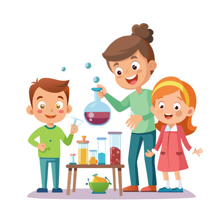 Cartoon illustration of a teacher and two children doing science experiments in a classroomのイラスト素材