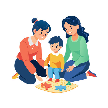 Mothers and child playing with colorful jigsaw puzzle in vector artのイラスト素材