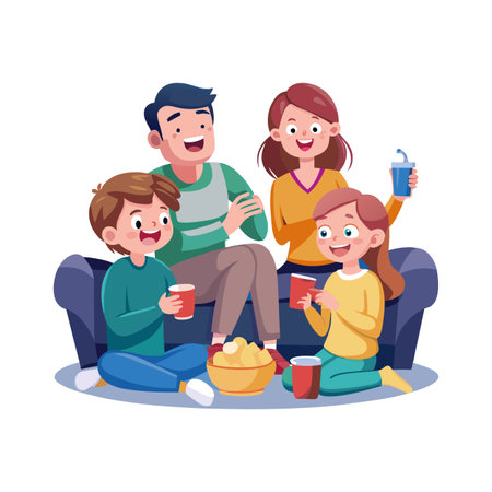 Happy Family Watching Movie and Eating Snacks on Couch in Living Roomのイラスト素材