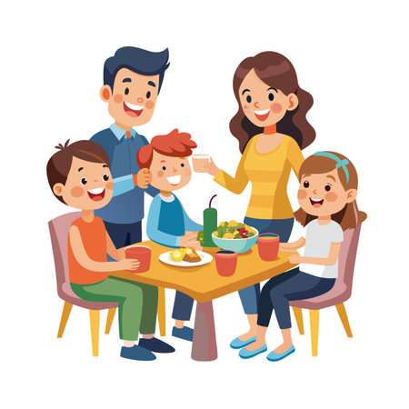 Illustration of a family of five enjoying mealtime together at a square kitchen tableのイラスト素材