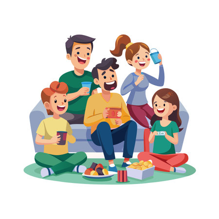 Happy cartoon family enjoying time together on the couch with snacks and drinksのイラスト素材