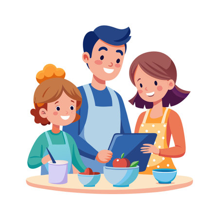 Family happily baking together following a recipe on a tablet in a bright kitchenのイラスト素材