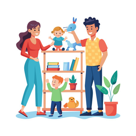 Happy family playing with toys near a bookshelf in a light-filled, minimalist roomのイラスト素材