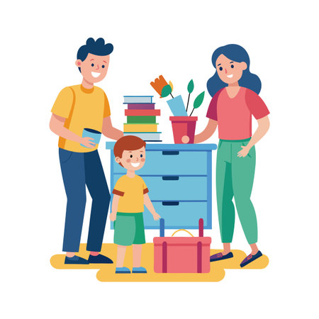 Family Togetherness: Moving Day with Parents and Child, Packing Belongings in Colorful Flat Illustrationのイラスト素材