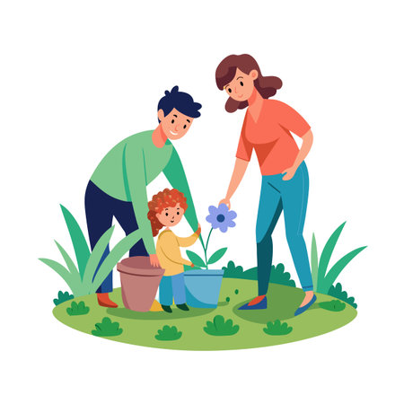 Family Planting Flower Together in Garden, Vector Illustration of Parents and Child Gardeningのイラスト素材