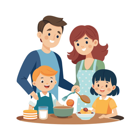 Happy family cooking together in kitchen, parent and children preparing meal, enjoying family timeのイラスト素材