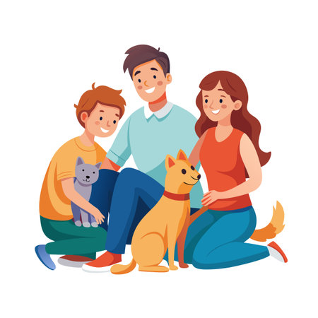 Happy family portrait with son, parents, dog, and cat sitting together in a groupのイラスト素材