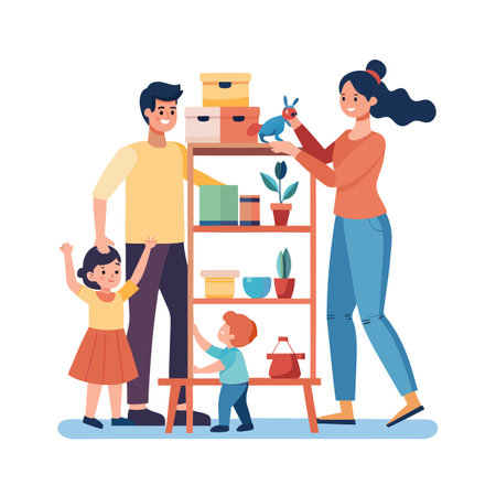 Happy family organizing a bookshelf with boxes, plants and decorations in a cozy homeのイラスト素材
