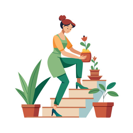 Woman climbs stairs with potted plants in a minimalistic and modern interior settingのイラスト素材