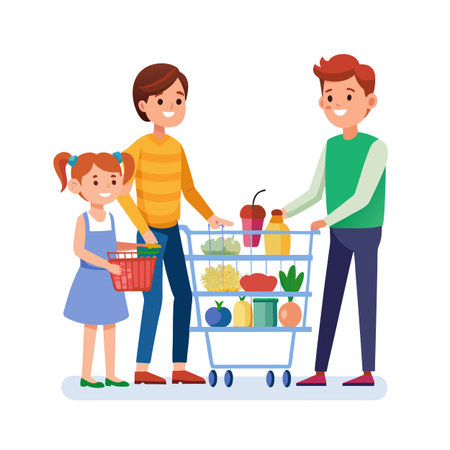 Family grocery shopping with a child at the supermarket in a flat vector styleのイラスト素材