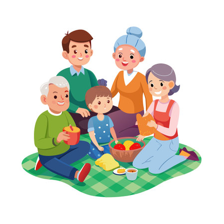 Cartoon family having a picnic on a checkered blanket, celebrating togetherness and happiness in natureのイラスト素材