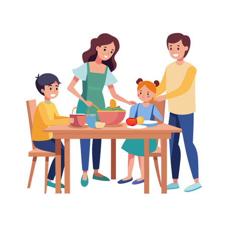 Happy family enjoying mealtime together at a wooden table on white backgroundのイラスト素材