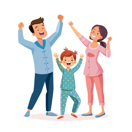 Happy family celebrating together in pajamas: A cartoon illustration of joy and togethernessのイラスト素材