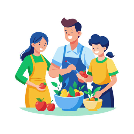 A family preparing fresh salad together vector illustration with flat cartoon style and bright colorsのイラスト素材