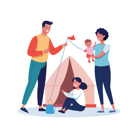 Family Camping Trip: Parents and Child Setting Up Tent Together on Outdoor Adventureのイラスト素材