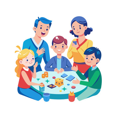 Happy family playing board game together at home sitting around a round tableのイラスト素材