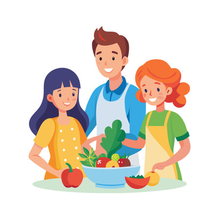 Family preparing a healthy salad together in the kitchen, fostering connection and nutritionのイラスト素材