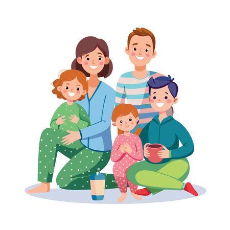 Happy family portrait in pajamas, two parents, two daughters and a son are posingのイラスト素材
