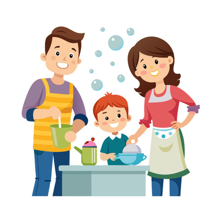 A family washing dishes together in a bright kitchen with bubbles floating in the airのイラスト素材